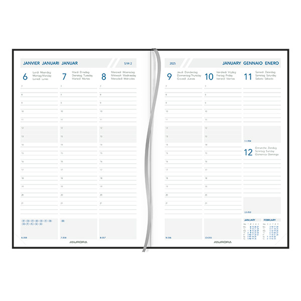 Aurora Universe Tesoro agenda semainier 2025 avec division (1 semaine 2 pages) 6 langues - bleu 3416B 330004 - 2