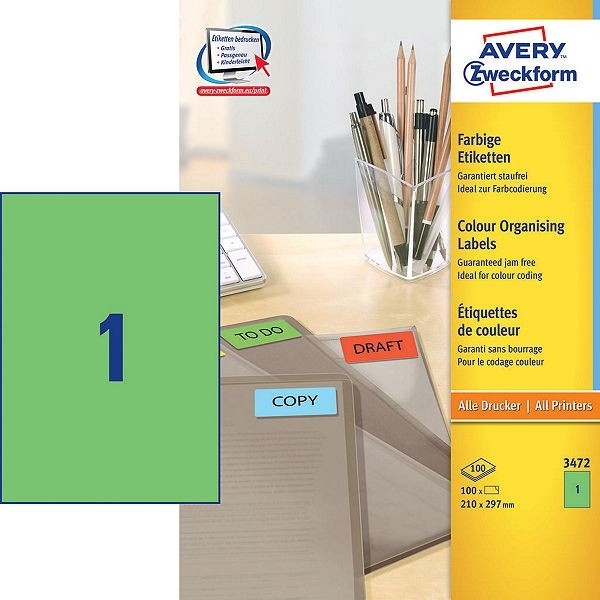 Avery zweckform 3472 étiquettes couleur 210 x 297 mm (100 pièces) - vert 3472 212250 - 1