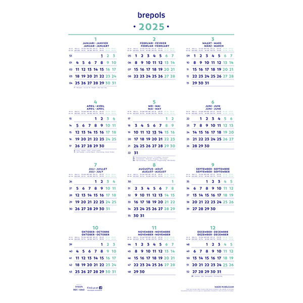 Brepols affiche calendrier annuel 2025 40 x 60,5 cm (4 langues) 1.840.9900.00.0.0 261427 - 1