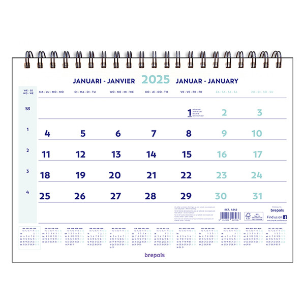 Brepols calendrier mensuel 2025 avec reliure spirale 43 x 31,5 cm (4 langues) 1.842.9900.00.4.0 261419 - 1