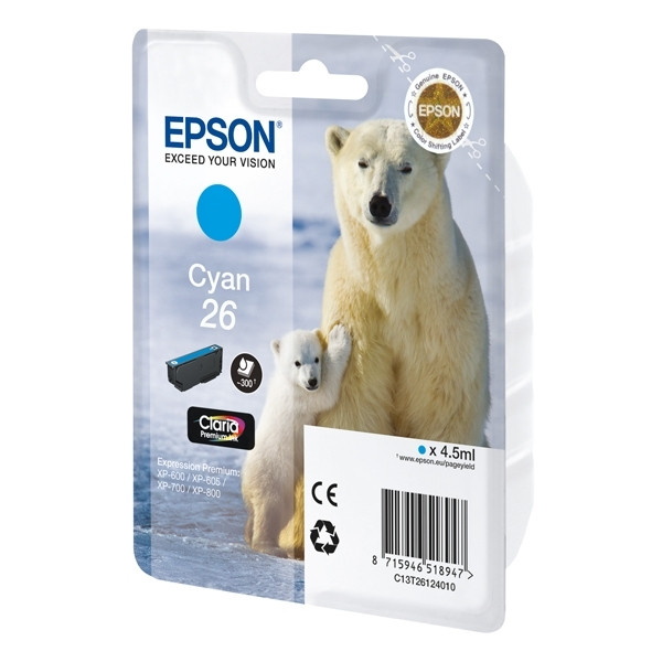 Epson 26 (T2612) cartouche d'encre cyan (d'origine) C13T26124010 C13T26124012 026500 - 1