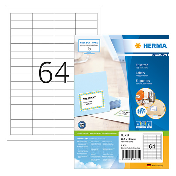 Herma 4271 Premiuim étiquettes A4 48,3 x 16,9 mm adhésif permanent (6400 étiquettes) - blanc 4271 230467 - 1