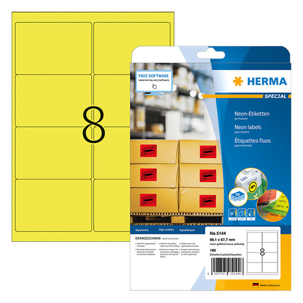 Herma 5144 étiquettes fluo A4 99,1 x 67,7 mm adhésif permanent (160 étiquettes) - jaune fluo 5144 230528 - 1