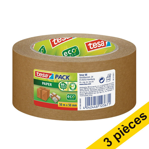 Tesa Offre : 3x Tesa Eco Forte Adhérence ruban d'emballage papier 50 mm x 50 m (1 rouleau) - marron  203304 - 1