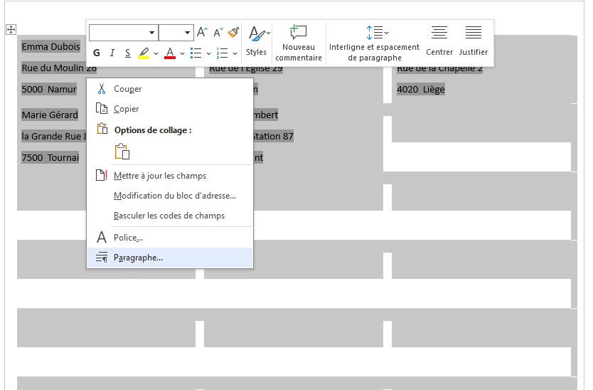 Screenshot van geselecteerde etiketten met adresgegevens en de optie 'Alinea' in Word