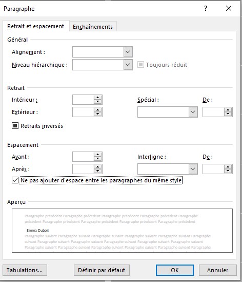 Screenshot van het scherm 'Alinea' met de optie 'Geen afstand toevoegen tussen alinea's met dezelfde stijl' aangevinkt' in Word